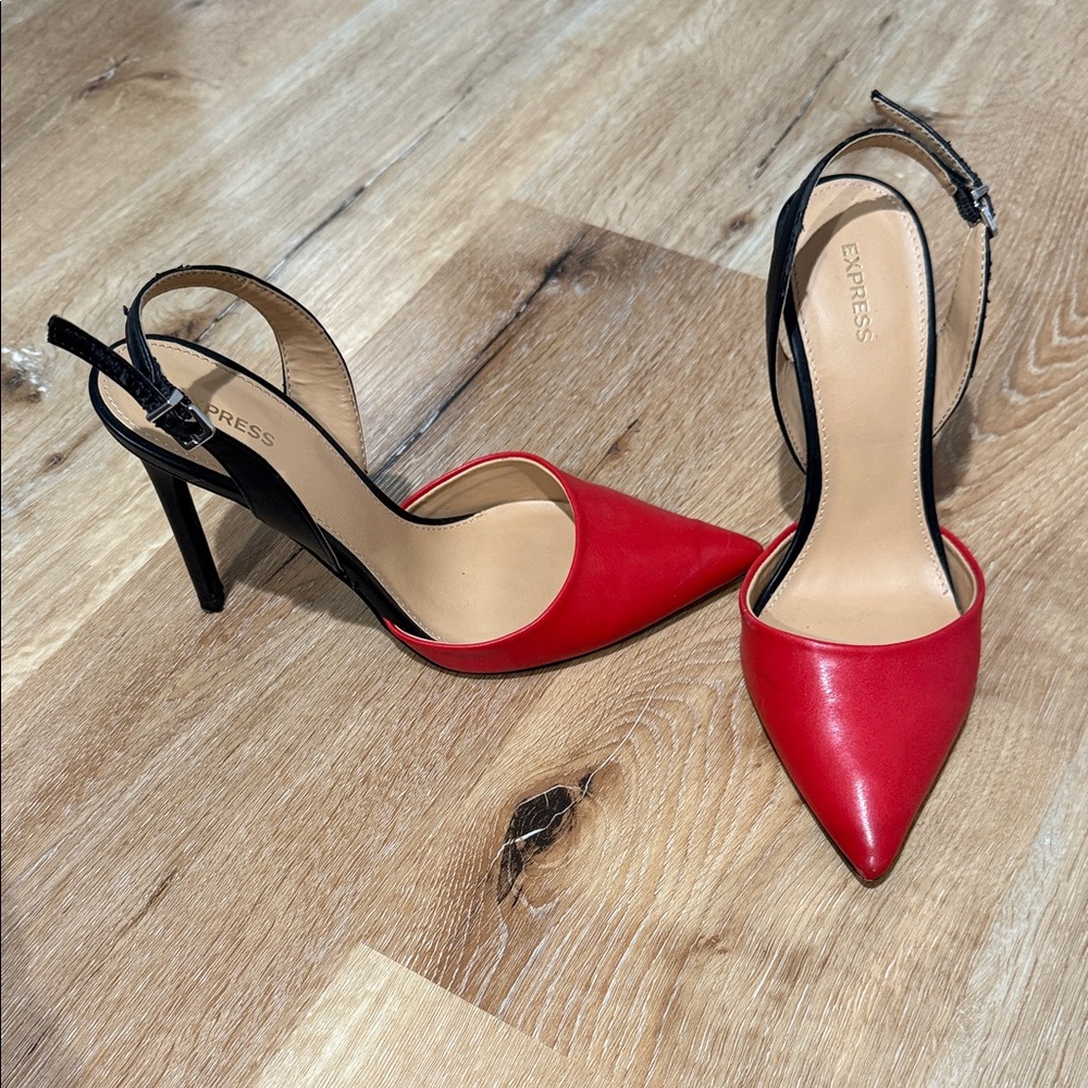 Express Red and Black Pointed Slingback Stilettos